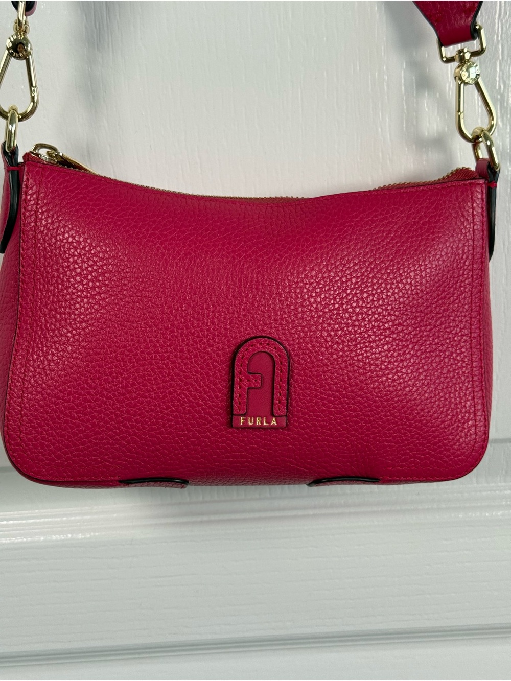 Furla Hot Pink Pebbled Leather Shoulder Bag with Beige Strap